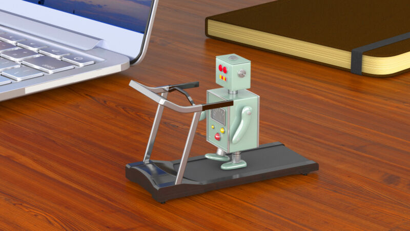 A CGI rendering of a robot on a desktop treadmill.