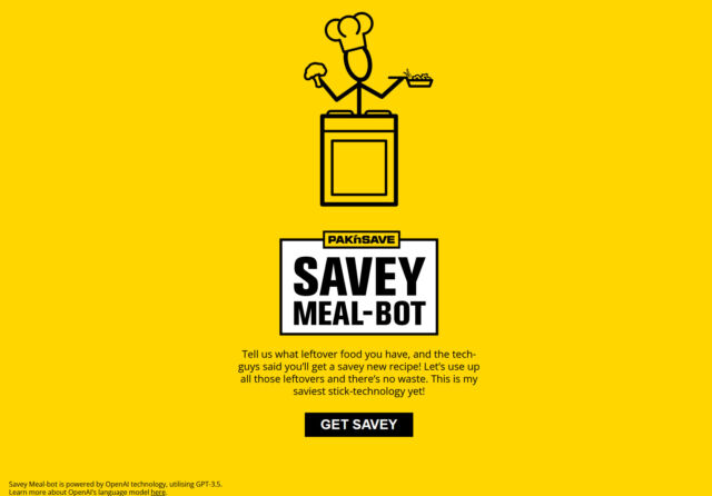 A screenshot of the PAK'nSAVE Savey Meal-Bot website.