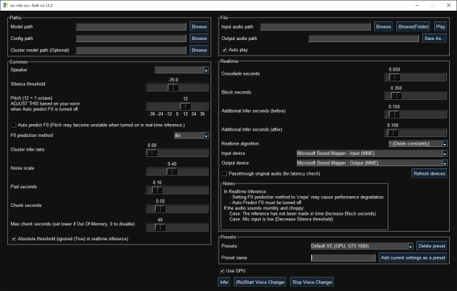 La interfaz GUI para una bifurcación de so-vits-svc.