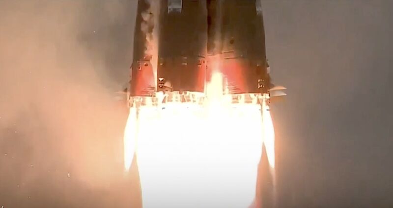 Fire from the engines of a Russian Soyuz rocket as it lifted off with the Luna 25 spacecraft heading for the Moon.