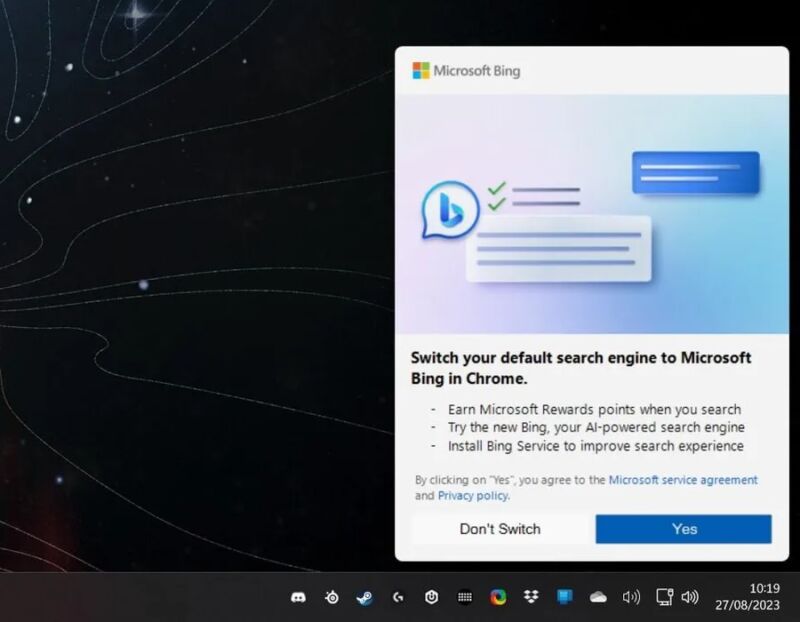 A new kind of Bing pop-up appears for some Windows 11 users, apparently generated by a Microsoft-signed executable separate from the OS's notification system.