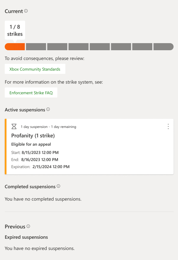 A sample of the information Xbox players will see about strike-based enforcement actions.