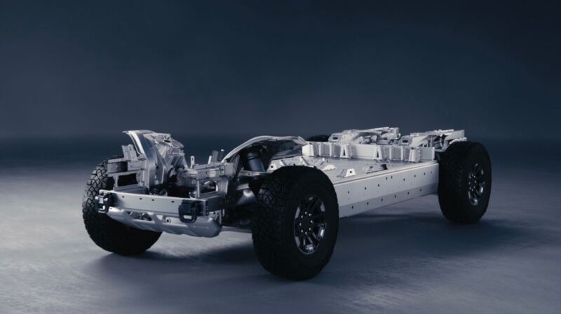 A naked GM Ultium rolling chassis