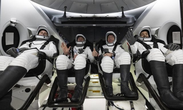 Russian cosmonaut Andrey Fedyaev, pilot Woody Hoburg, commander Steve Bowen, and Emirati astronaut Sultan Alneyadi after their return to Earth.