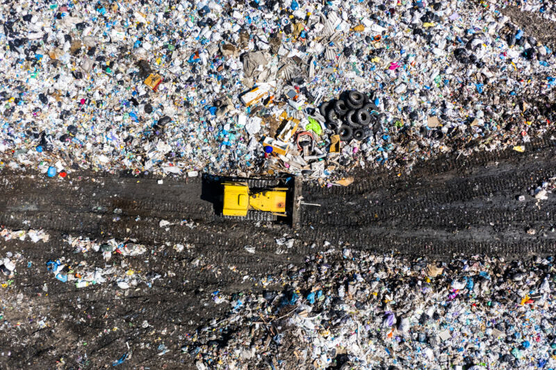 Aerial top drone view of a garbage pile