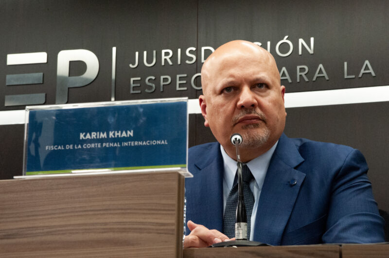 Karim Khan speaks at Colombia's Special Jurisdiction for Peace during the visit of the Prosecutor of the International Criminal Court in Bogota, Colombia, on June 6, 2023.