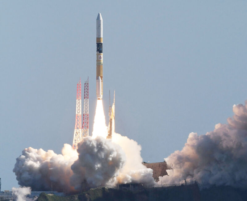 A Japanese H-IIA rocket lifts off from the Tanegashima Space Center with an X-ray astronomy satellite and a robotic Moon lander.