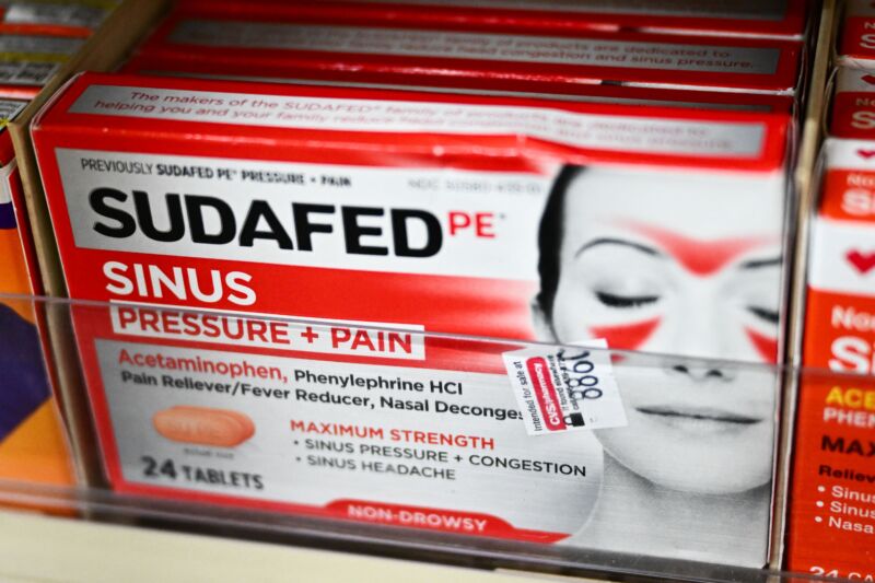 A box of Sudafed PE sinus pressure and pain medicine containing phenylephrine is displayed for sale in a CVS Pharmacy store in Hawthorne, California, on September 12, 2023.