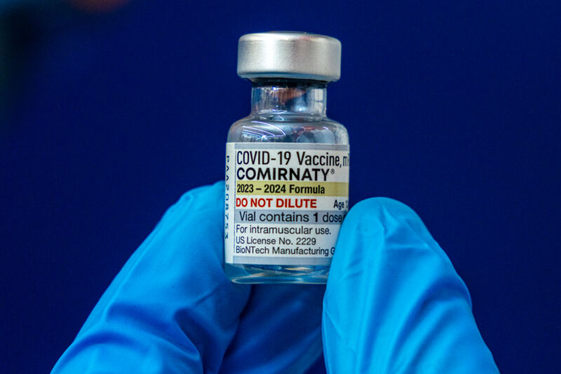 A vial of the updated 2023-2024 formula of Pfizer's COVID-19 vaccine at a CVS Pharmacy in Eagle Rock, California, on September 14, 2023.