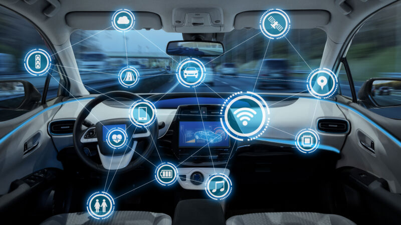 the interior of a car with a lot of networking icons overlayed on the image