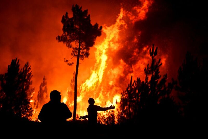 Firefighters tackle a wildfire at Vale de Abelha village in Macao, Portugal, on August 16, 2017.