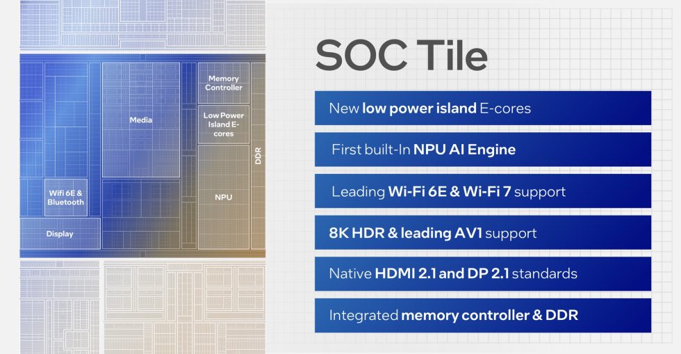 Para ahorrar energía, se han agregado funciones al mosaico de SoC para que los mosaicos de gráficos y computación se puedan apagar tanto como sea posible. 