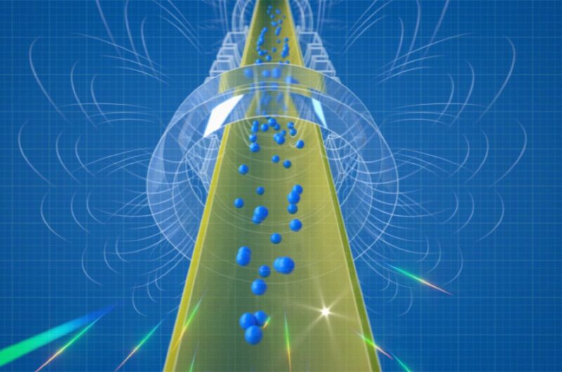 An artist's conceptual rendering of antihydrogen atoms falling out the bottom of the magnetic trap of the ALPHA-g apparatus.