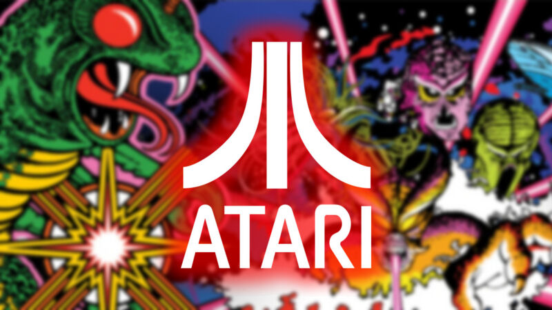 An Atari logo on top of Atari arcade cabinet graphics