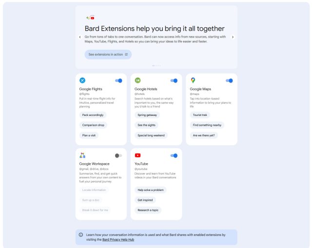 A screenshot of switches that turn on and off certain Bard app extensions.