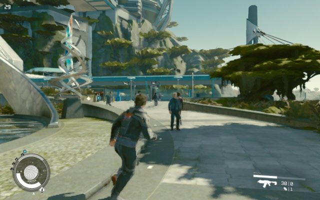 Starfield protagonist running in Atlantis with very muddled graphics