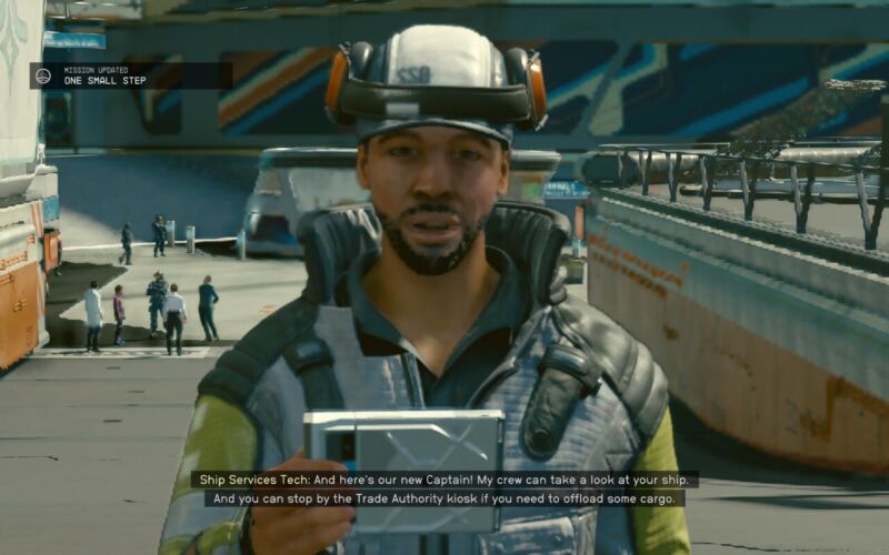 Character in Starfield addressing the player head-on
