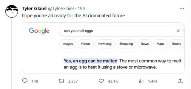 Screenshot of an X post from Tyler Glaiel about melting an egg, showing the incorrect answer in a Google Search snippet, which was pulled from an AI-generated answer on Quora.