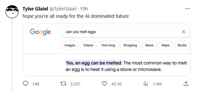 Screenshot of an X post from Tyler Glaiel about melting an egg, showing the incorrect answer in a Google Search snippet, which was pulled from an AI-generated answer on Quora.