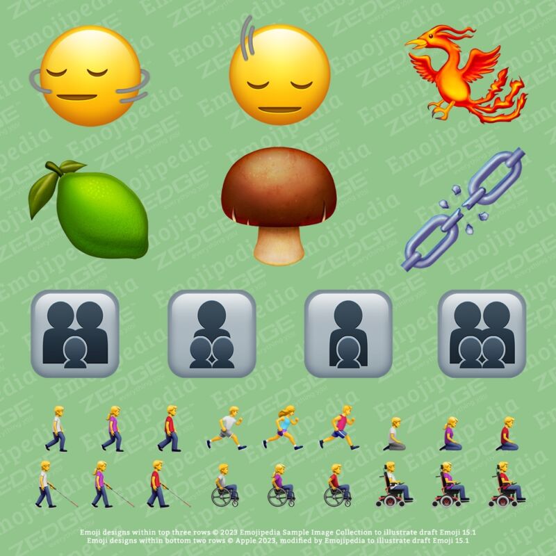 Examples of new and modified emoji in Unicode 15.1.