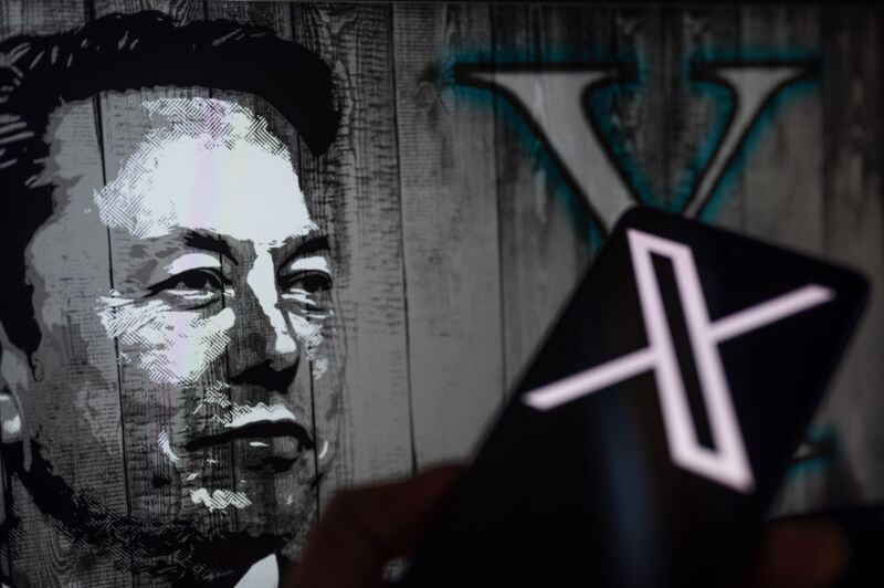 Illustration of Elon Musk and the X logo that has been used since Musk renamed Twitter as X.