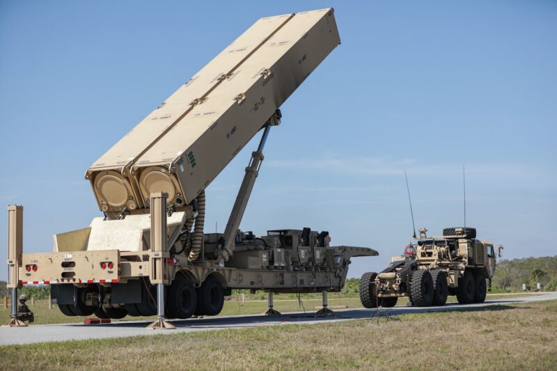 A US Army soldier lifts the hydraulic launching system on the new Long-Range Hypersonic Weapon (LRHW) during Operation Thunderbolt Strike at Cape Canaveral Space Force Station, Florida, on March 3.