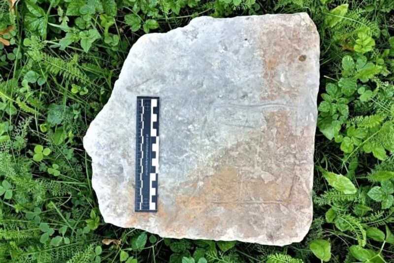 game board carved into stone slab with a ruler to show scale