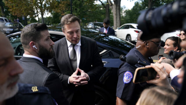 Elon Musk, CEO of Tesla and X, speaks to reporters as he leaves the “AI Insight Forum” at the Russell Senate Office Building on Capitol Hill on September 13, 2023, in Washington, DC.
