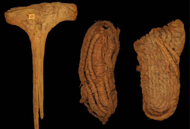 Wooden mallet and esparto sandals dated to the Neolithic 6,200 years before the present