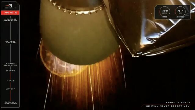 A camera aboard Rocket Lab's Electron launcher captured this view of the upper stage engine moments after stage separation. 