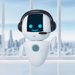 Illustration of a robot wearing a headset for talking on the phone.
