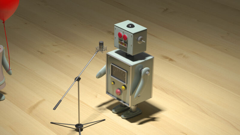 A 3D illustration of a toy robot singing.