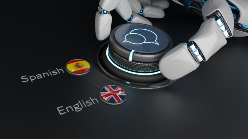 A robot hand turning a knob to translate language.