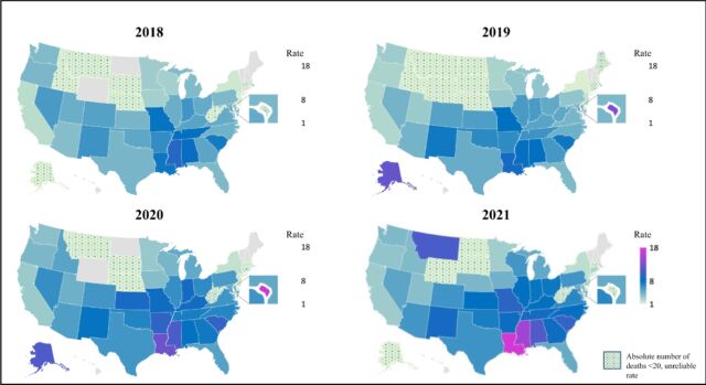 Pediatric firearm mortality rate by state and year from 2018 to 2021. States with absolute mortalities &lt;20 are grayed out because of unreliable crude death rates (these include Arkansas, Delaware, Hawaii, Maine, Massachusetts, New Hampshire, North Dakota, Rhode Island, South Dakota, Vermont, West Virginia, Wyoming, and District of Columbia).