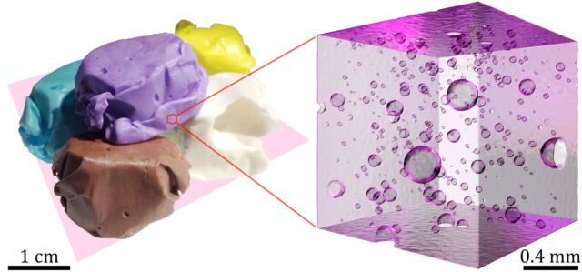 (left) Saltwater taffies of different flavors. (right) 3D model reconstructed by X-ray computed tomography, illustrating immiscible inclusions (oil droplets and air bubbles) in the grape-flavored taffy.