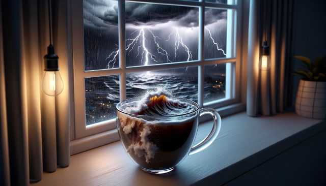 An DALL-E 3 AI-generated image of "A 3D render of a coffee mug placed on a window sill during a stormy day. The storm outside the window is reflected in the coffee, with miniature lightning bolts and turbulent waves seen inside the mug. The room is dimly lit, adding to the dramatic atmosphere."