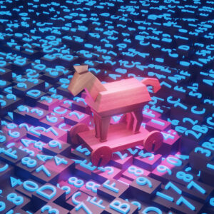 Trojan horse on top of blocks of hexadecimal programming codes. Illustration of the concept of online hacking, computer spyware, malware and ransomware.