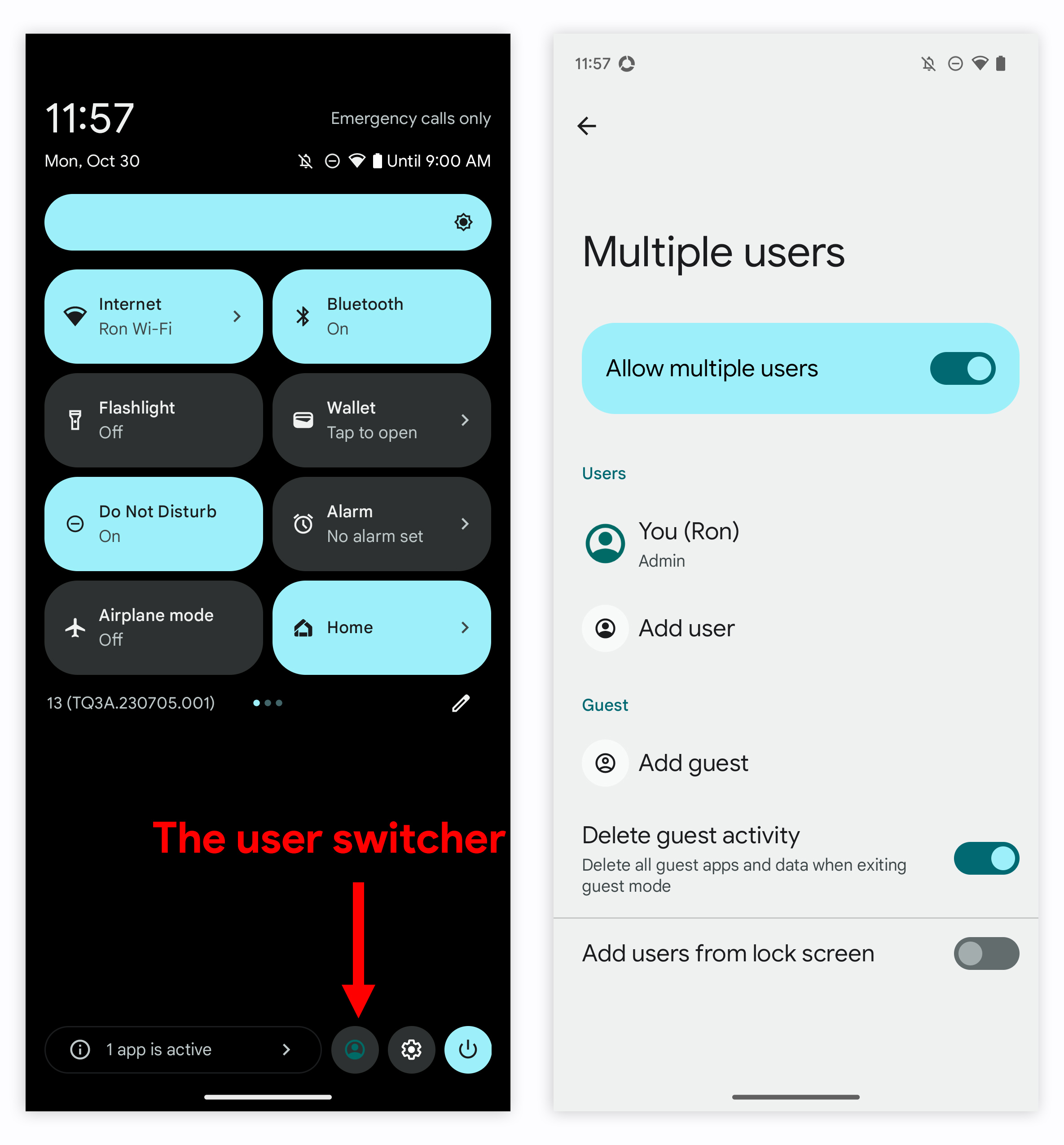 Le bouton de changement d'utilisateur Android et les paramètres système pour plusieurs utilisateurs.