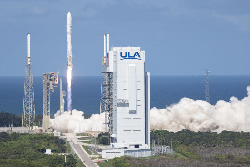 United Launch Alliance's Atlas V rocket climbs away from its launch pad at Cape Canaveral Space Force Station, Florida, with Amazon's first two Kuiper satellites.