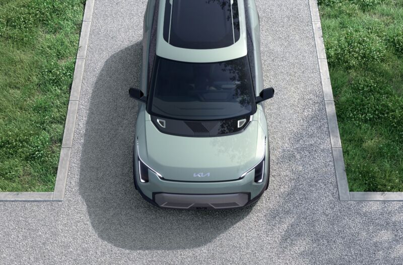 A top-down look at the front half of the Kia EV3 concept