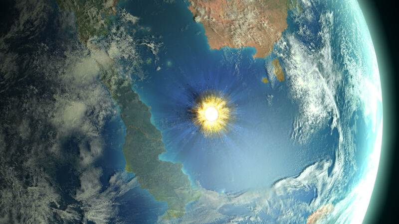 Artist's impression of the end-cretaceous impact, showing a large explosion within a shallow sea.