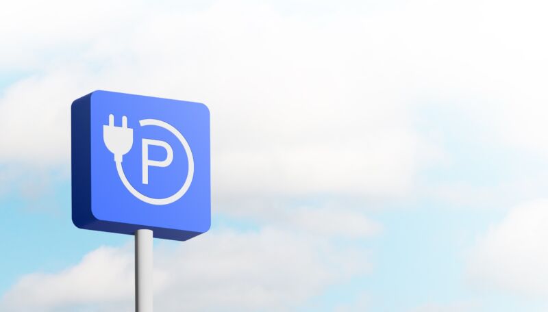 EV parking sign. Recharging point for electric vehicles sign against clear sky. 3D illustration.