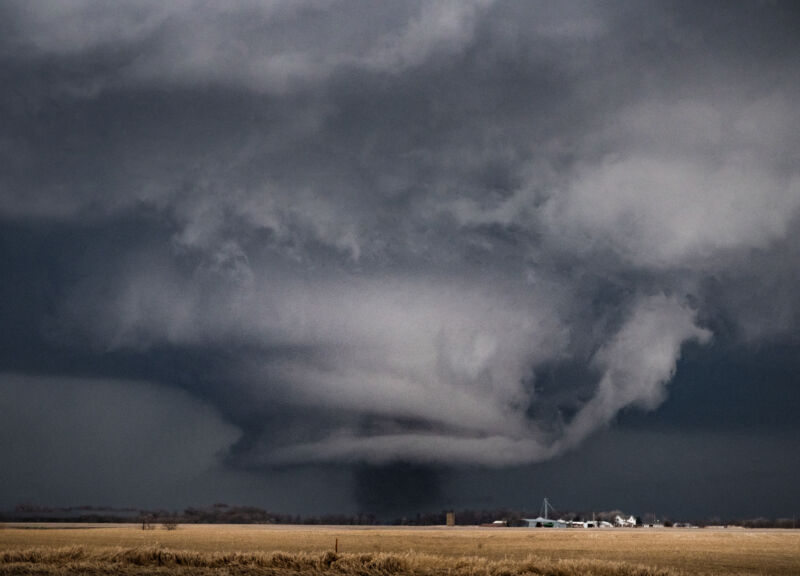 This stovepipe tornado formed under an intense rotating wall cloud near Keota, Iowa, on March 31, 2023.