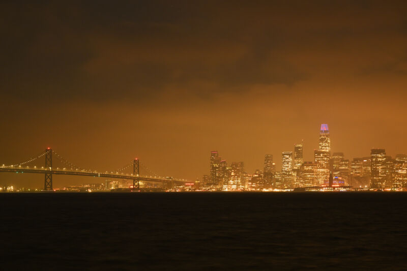San Francisco City view through the haze of smoke as seen from Treasure Island on September 20, 2023.