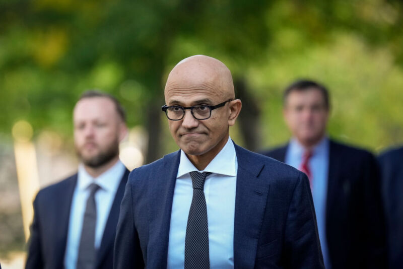 Microsoft CEO Satya Nadella arrives at federal court on October 2, 2023 in Washington, DC. Nadella is testifying in the antitrust trial to determine if Alphabet Inc.'s Google maintains a monopoly in the online search business.