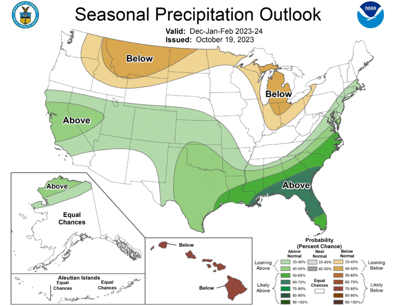 The 2023-2024 US Winter Outlook map for precipitation.