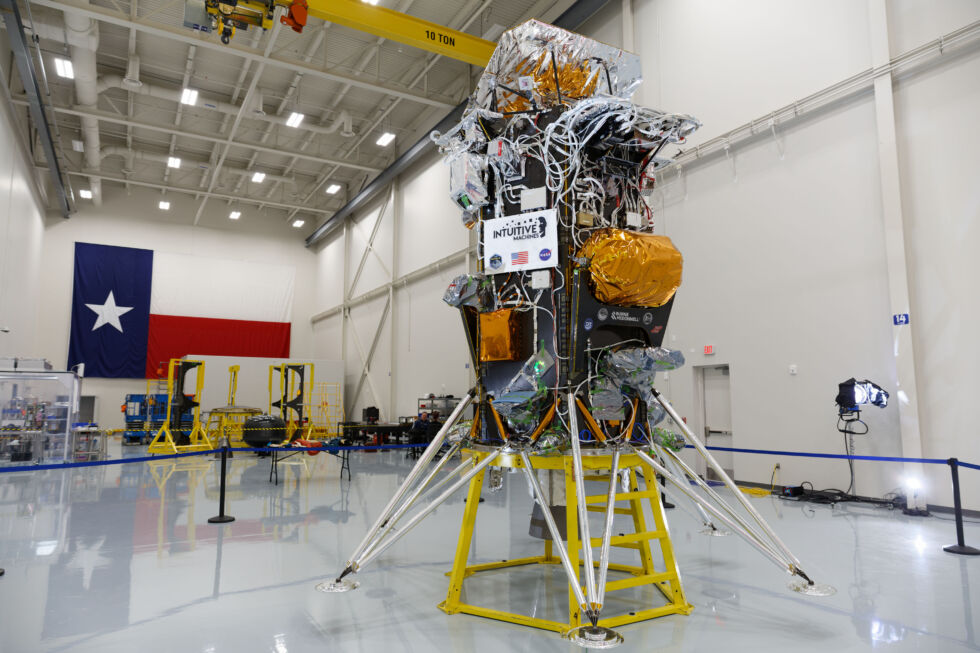 The Nova-C lander is seen at Intuitive Machines' facility in Houston, Texas.