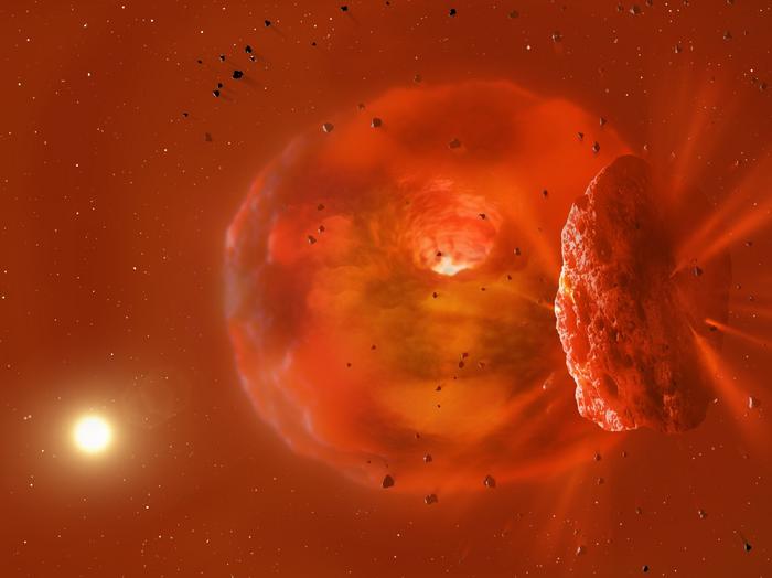 image of an violently churning, reddish cloud of material at a distance from a star.