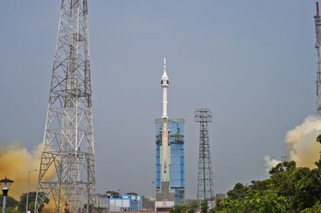 A single-stage booster launched the model of the Gaganyaan spacecraft used on Saturday's in-flight abort test.