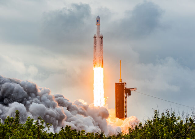 A SpaceX Falcon Heavy rocket lifts off from NASA's Kennedy Space Center in Florida.